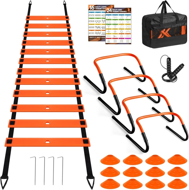 BORNEW Agility Speed Training Equipment Set, Football Practise Set with 20ft Agility Ladder, 12 Cones, 4 Adjustable Hurdles, Jump Rope, Parachute, for Basketball, Soccer, Football, Kids, Youth, Adults - Image 1
